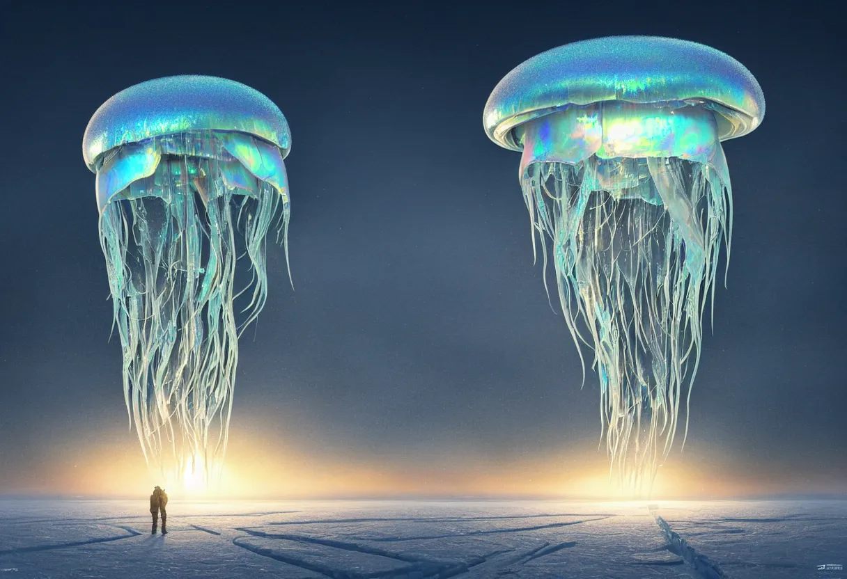 Image similar to strange transparent iridescent alien jellyfish emerging from surface of another frozen winter planet at sunset, ultra high definition, ultra detailed, symmetry, fog, matte painting, by greg rutkowski and ross tran and wlop