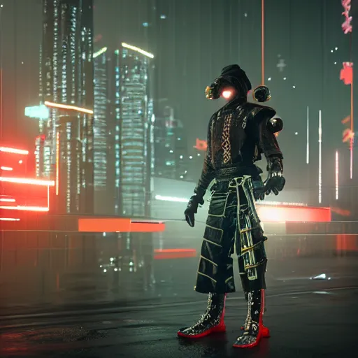 Image similar to cyberpunk samurai in a dytopian future, ultra realistic, fog, raytracing, reflections, rain, octane render