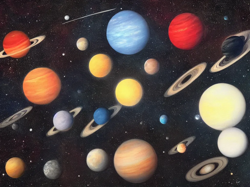 Image similar to A beautiful painting of a five planets, There are five planets that are black, white, yellow, red, and blue, behind the galaxy and the universe, Trending on artstation, graphic design, simple