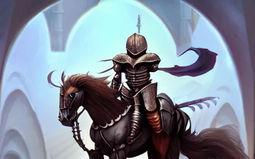 Image similar to A human knight riding a skeleton horse by Tony Sart, highly detailed, realistic, trending on ArtStation