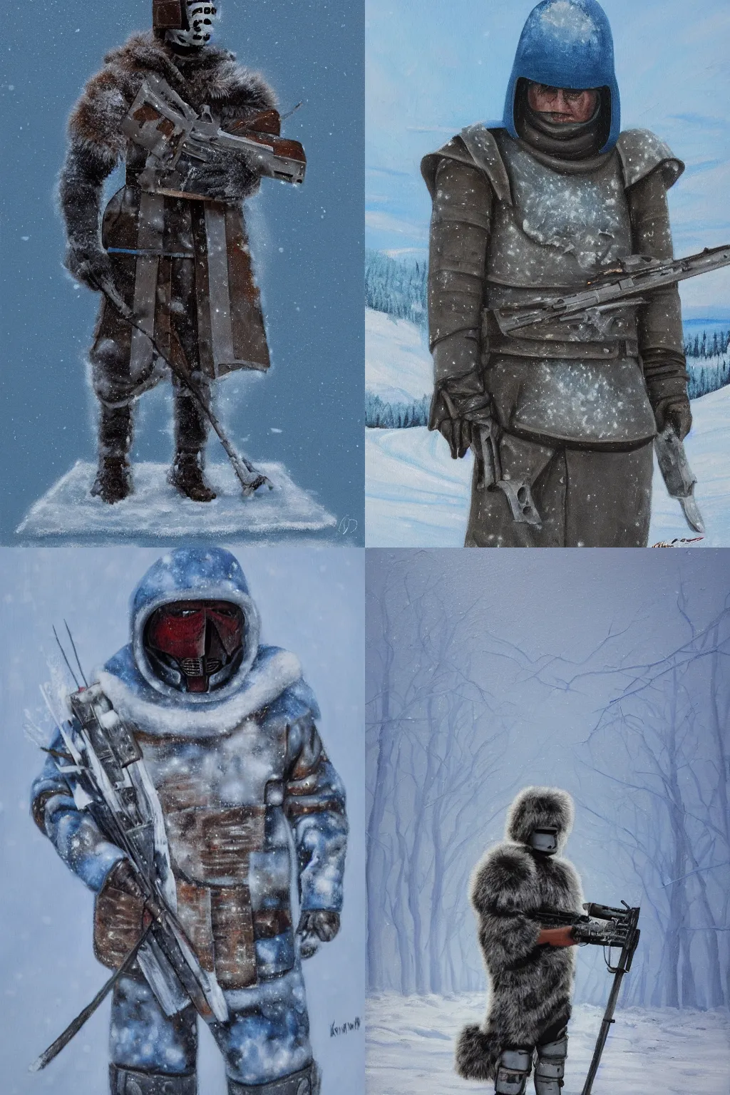 Prompt: painting of futuristic inuk legionary in abandoned town, snow camouflage, lorica segmentum, rifle, fur hood, tonalist style, sunset, romanticist, figurative art, versimlitude, stark lighting, cerulean blue, prussian blue, titanium white, payne's grey, burnt sienna, winter