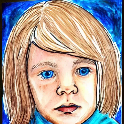 Prompt: of accurate and realistic representation of a close up portrait of a cute blue eyed blond hair boy. colored paints and colored inks on vellum.