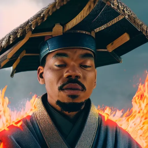 Image similar to cinematic film still of Chance The Rapper starring as a Samurai holding fire, Japanese CGI, VFX, 2022, 40mm lens, shallow depth of field, film photography