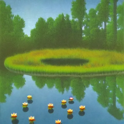 Prompt: a pond with water lillies in the forest, in the style of Rene Magritte,