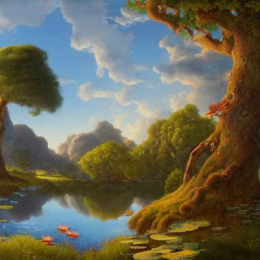 Prompt: A detailed painting of an idyllic pond with a giant tree on an island in the middle by Justin Gerard, Trending on artstation