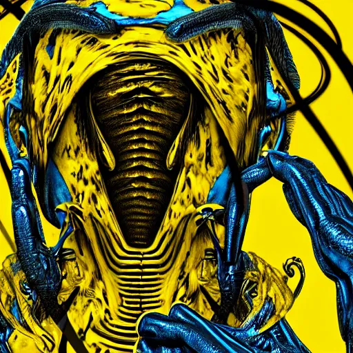 Image similar to human man that resembles a wasp morh in surreal sketch style, blue and yellow gradient, noise, ultrafine detail, hd 8k, logo illustration