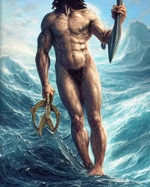 Image similar to a portrait of strong and proud young Poseidon with trident in his hands, screaming, ready to fight, rising from the ocean by Ross Tran and Thomas Cole and Wayne Barlowe