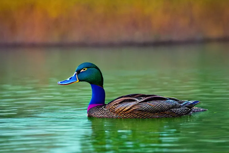 Image similar to a colorful fantasy mallard floating on a lake in the mountains, cascadia