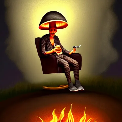 Image similar to painting of a mushroom alien sitting in a recliner by the fire smoking a pipe and wearing a soft robe and slippers, elegant intricate digital painting, trending on artstation, by normal rockwell