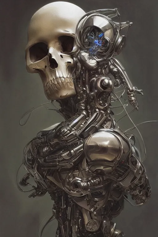 Image similar to Ultra realistic illustration, robot sitting, holding a human skull in it's hands, cyberpunk, sci-fi, fantasy, intricate, elegant, highly detailed, digital painting, artstation, concept art, smooth, sharp focus, illustration, art by artgerm and greg rutkowski and alphonse mucha