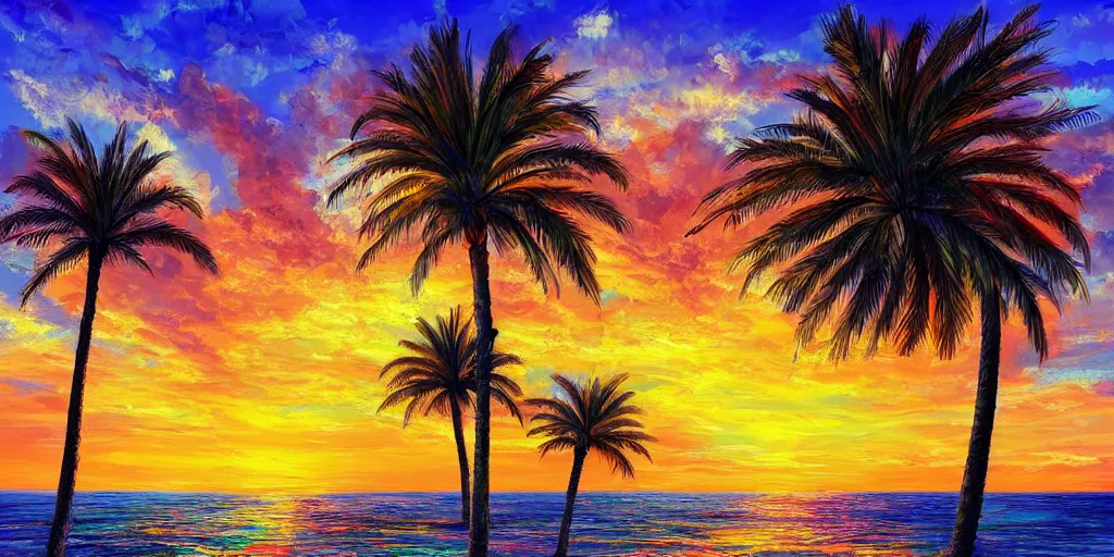 Prompt: sunset over the shoreline of tel aviv. colorful. highly detailed. palm trees. 8 k. artstation trending. concept art. digital painting