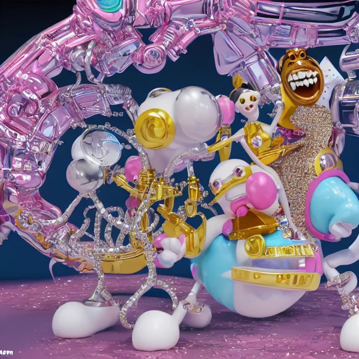 Prompt: jeff koons hip hop bauhaus style street sharks sailor moon wearing diamond grillz and a ton of bussdown iced gold bling in wallace & gromit strata - cut claymation, greeble cables, ultra realistic, concept art, intricate details, serious, highly detailed, photorealistic, octane render, 8 k, unreal engine, art by todd mcfarlane