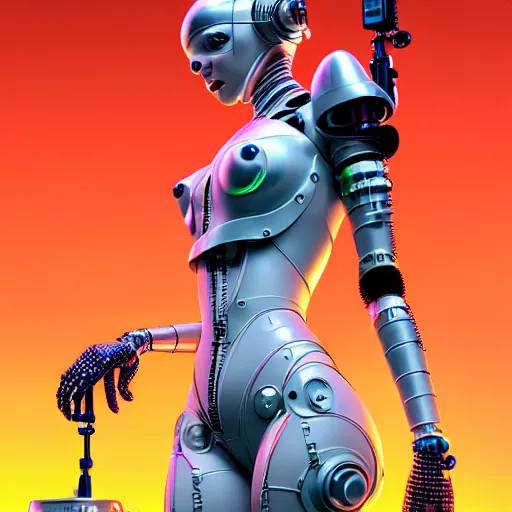 Image similar to a beautiful highly detailed futuristic mechanical lady, seductive confident pose, art by geof darrow, cyberpunk, featured on artstation, 4 k, octane render