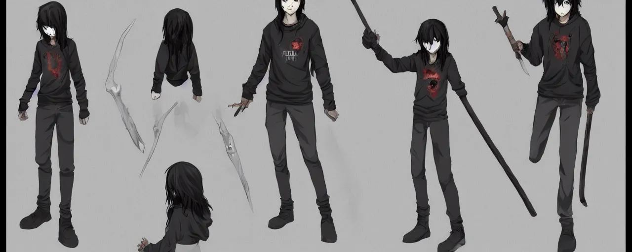 Prompt: A character sheet of a teenager with black long hair wearing a grey hoodie while wielding a staff made from a zombie arm, concept art, anime, Highly Detailed.