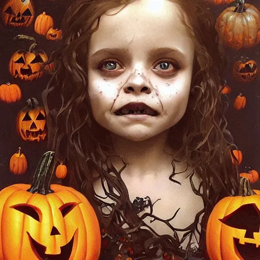 Image similar to a cute happy little girl with light brown wavy curly hair and blue eyes sitting amidst piles of halloween decor skulls and pumpkins. beautiful cute highly detailed face. spooky halloween themed painting by artgerm and greg rutkowski and alphonse mucha.