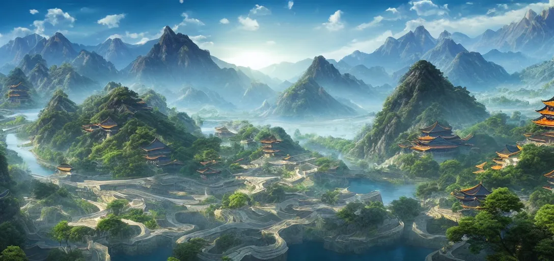 Prompt: epic view of beautiful ancient chinese city, clear blue skies, winding rivers, there are mountains and hills in the far background distance, unreal engine, dramatic lighting, detailed, ambient occlusion, global illumination, god rays, 3 d artstation render by greg rutowski and jessica rossier