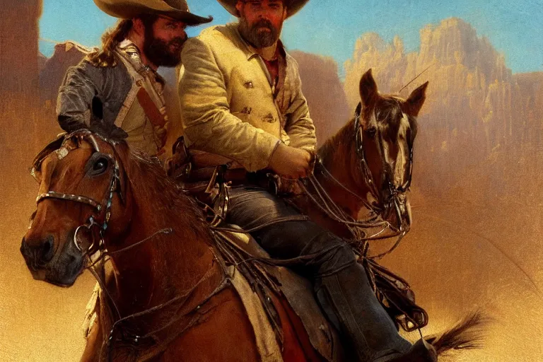 Prompt: close up portrait of rugged sheriff riding his horse through a busy old - west town, detailed, volumetric lighting, cinematic, in the style of gaston bussiere