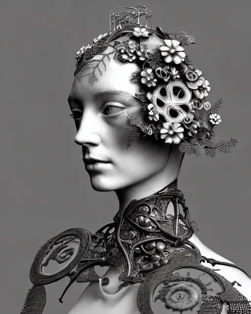 Prompt: monochrome 3 d model, 1 9 1 0 picture, silver mesh floral steampunk biomechanical beautiful young female cyborg with porcelain profile face and a techno eye, volumetric light, leaves foliage and stems, hibiscus flowers, sinuous fine roots, fine foliage lace, alexander mcqueen, rim light, big gothic fashion pearl embroidered collar, octane render, 8 k