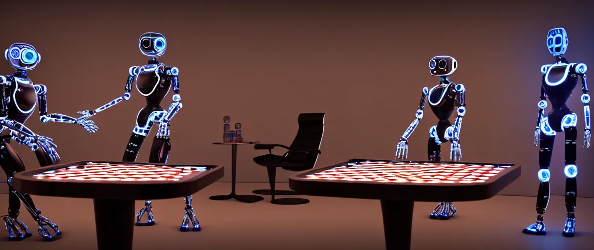 Image similar to a gorgeous highly detailed photo of two futuristic full - body humanoid robots with glowing led eyes sit on large midcentury recliners facing off in an intense game of checkers. cinematic movie photograph, cinematic lighting, arri alexa, extremely detailed, smooth, very very clean, 8 k, octane render, maya render, unreal engine, trending on artstation, dslr