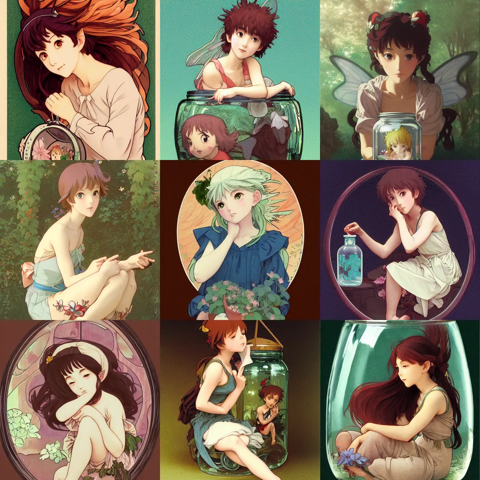 Prompt: pouting fairy sitting inside of a jar, finely illustrated face, highly detailed, colored pencil, studio ghibli, tankobon, in the style of ilya kuvshinov and krenz cushart and william - adolphe bouguereau and alphonse mucha