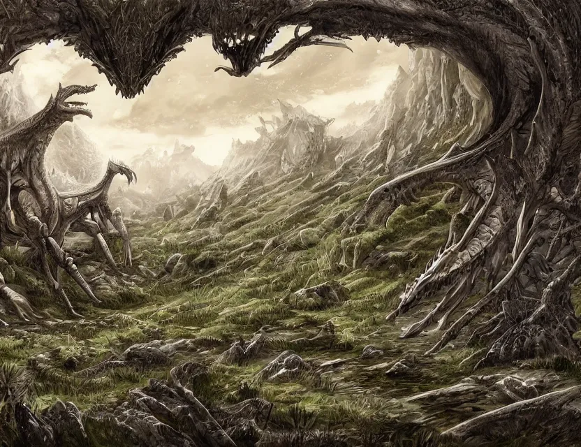 Prompt: fantasy landscape. very wide valley with a giant dragon skeleton at the bottom ( central ), woodland growing around the skeleton. digital art.