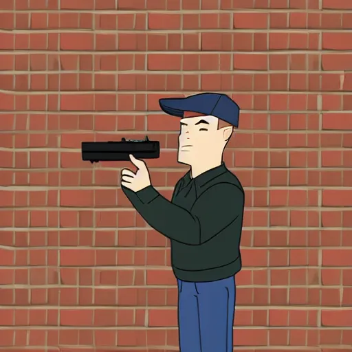 Image similar to ATF agent looking over a brick wall, in the style of King of the Hill cartoon