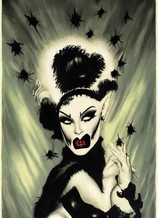 Image similar to of a goth girl burlesque psychobilly punk, detailed face, white background, drawing, zoomed - out, full body, illustration by frank frazetta