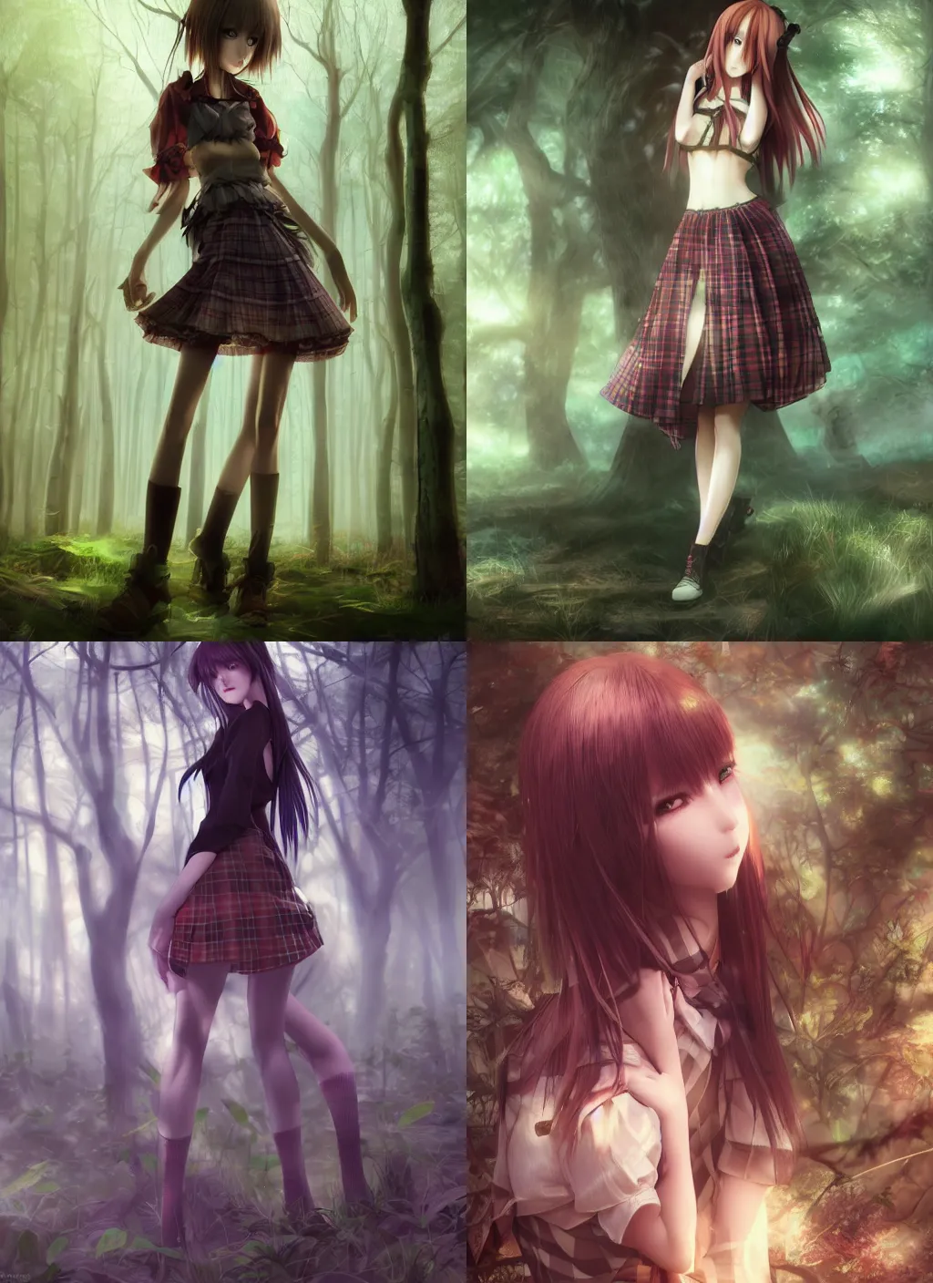 Prompt: beautiful woman in plaid miniskirt standing in a dark forest, anime style, by yoshitaka amano, by wenjun lin, digital drawing, gorgeous face, octane render