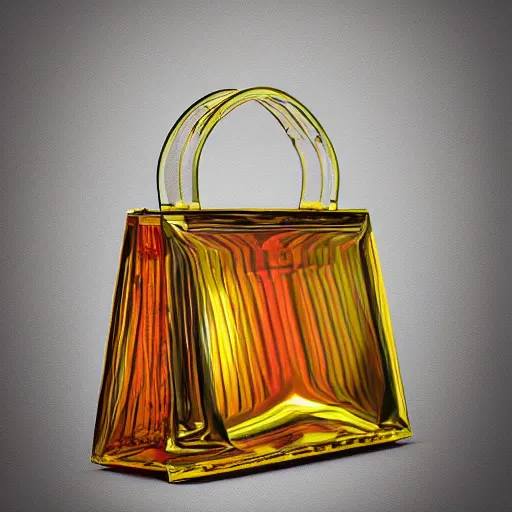 Prompt: a cristal designer bag, iridescent color, fashion shooting, photorealistic, fantasy, artstation, studio photo