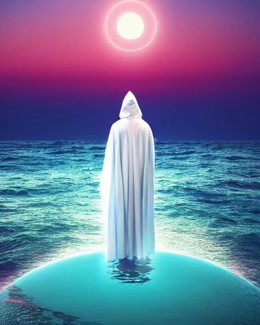 Image similar to a person wearing a white cloak standing in the water. a large planet is overhead. an album cover by stanley twardowicz, trending on cg society, retrofuturism, retrowave, chillwave, synthwave