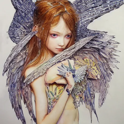 Prompt: fairy girl with wings made of pizza slices, watercolor, pen and ink, intricate line drawings, by Yoshitaka Amano, Ruan Jia, Kentaro Miura, Artgerm, detailed, trending on artstation, hd, masterpiece,