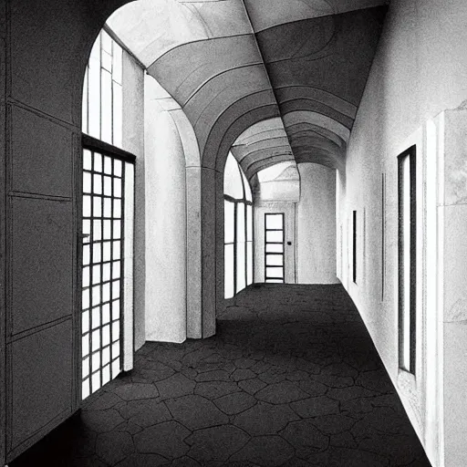 Image similar to “a disorienting white hallway and staircase with many doors, marble material, confusion, creepy, dimensions, MC Escher architecture, by Junji Ito”