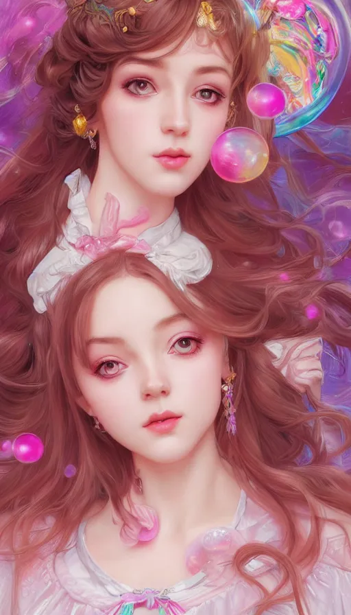 Image similar to portrait of magical lolita girl, dreamy and ethereal, expressive pose, big pink eyes, exciting expression, fantasy, intricate, elegant, many rainbow bubbles, rose tones, highly detailed, digital painting, artstation, concept art,cyberpunk wearing, smooth, sharp focus, illustration, art by artgerm and greg rutkowskiand alphonse mucha