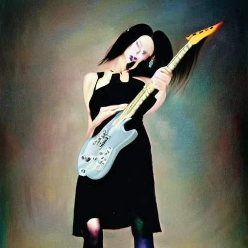 Image similar to Goth girl playing electric guitar by Mario Testino, oil painting by Guillermo Lorca