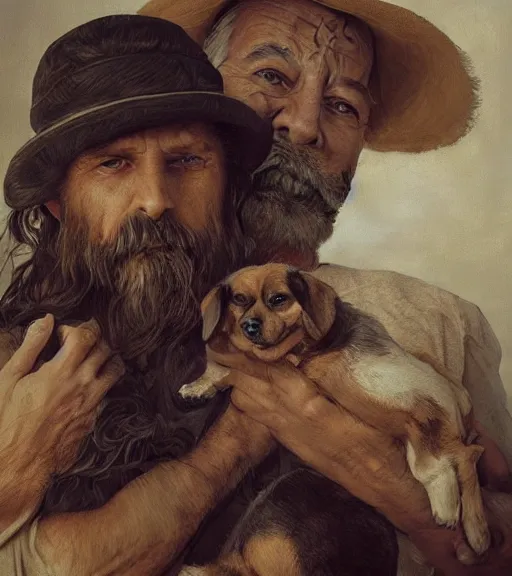 Image similar to full portrait of a old, ruggedly handsome bearded man holding corgi dog, real hands, soft hair, muscular, half body, cloth, d & d, fantasy, intricate, elegant, highly detailed, digital painting, artstation, concept art, smooth, sharp focus, illustration, art by artgerm and greg rutkowski and alphonse mucha