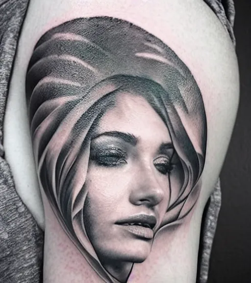 Image similar to tattoo design sketch of an extremely beautiful woman face with a faded background of beautiful mountains on her side, hyper - realistic, double exposure effect, in the style of matteo pasqualin, amazing detail, black and white, faded