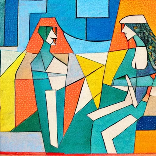 Prompt: two Women weaving the tapestry of life by the ocean with rocks all around, high quality art in the style of cubism and art deco,