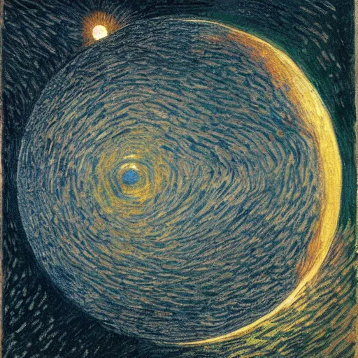 Prompt: stars, solar eclipse, looming over the earth, hdr, hq, painting by gustave dore and vincent van gogh and claude monet