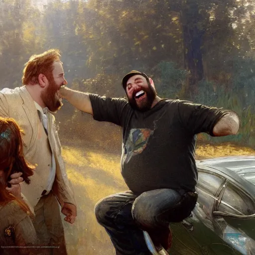 Image similar to comedian tom segura laughing at a car crash, highly detailed painting by gaston bussiere, craig mullins, j. c. leyendecker 8 k