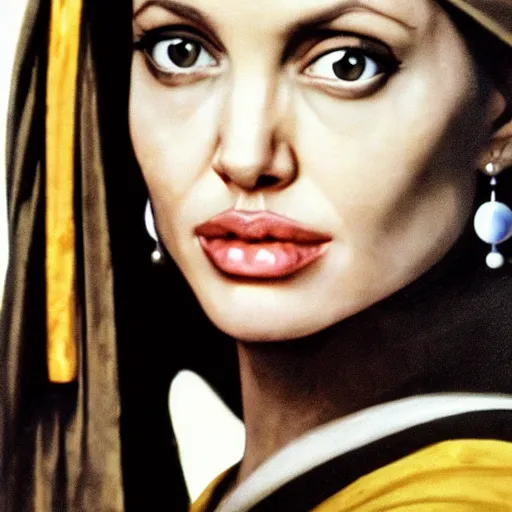 Prompt: a beautiful portrait photo of angelina jolie as the girl with a pearl earring