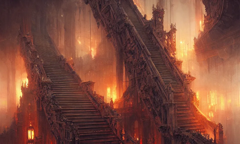 Image similar to stairs from hell to heaven, flames, heavens, beautiful, intricate detail, intricate, epic, vast, digital painting by greg rutkowski, artstation, very detailed, cinematic lighting, concept art