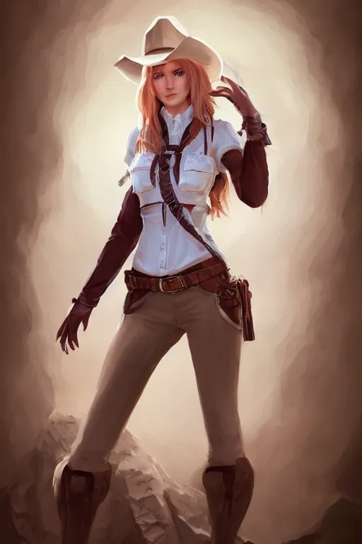 Image similar to full body, katherine mcnamara cowgirl, perfect face, white blouse, holster, 8 k, magic the gathering, desert, d & d, artstation, high detail, smooth, sweaty character concepts by senior concept artist