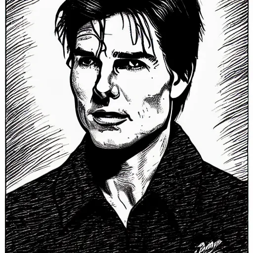 Image similar to a portrait drawing of Tom Cruise drawn by Robert Crumb