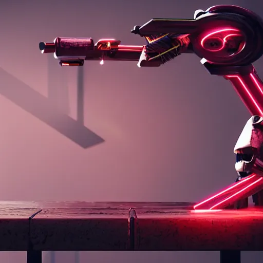 Prompt: cyberpunk red neon arm prostetic on an iron table, octane render, 3D, hard backlight, bokeh, !!!award-winning!!!
