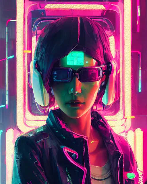 Image similar to detailed portrait Neon Business Girl, cyberpunk futuristic neon, reflective puffy coat, decorated with traditional Japanese ornaments by Ismail inceoglu dragan bibin hans thoma greg rutkowski Alexandros Pyromallis Nekro Rene Maritte Illustrated, Perfect face, fine details, realistic shaded, fine-face, pretty face