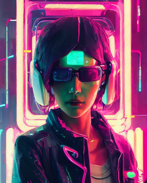 Prompt: detailed portrait Neon Business Girl, cyberpunk futuristic neon, reflective puffy coat, decorated with traditional Japanese ornaments by Ismail inceoglu dragan bibin hans thoma greg rutkowski Alexandros Pyromallis Nekro Rene Maritte Illustrated, Perfect face, fine details, realistic shaded, fine-face, pretty face