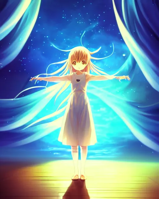 Image similar to anime style, creative, full body, a cute girl with white skin and golden long wavy hair holding a violin and playing a song, heavenly, stunning, realistic light and shadow effects, happy, centered, landscape shot, happy, simple background, studio ghibly makoto shinkai yuji yamaguchi