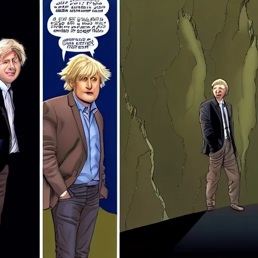 Image similar to A marvel comic of the tenth doctor standing on one side of a canyon, and Boris Johnson standing on the other, daytime