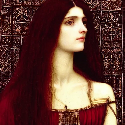 Prompt: Symmetric Pre-Raphaelite painting of a beautiful mystic woman with dark hair in a very detailed silk dark red dress by John William Waterhouse, zoomed out, surrounded by a dark gothic frame of highly detailed mathematical drawings of neural networks and geometry by Doré , highly detailed mathematical drawings of geometry