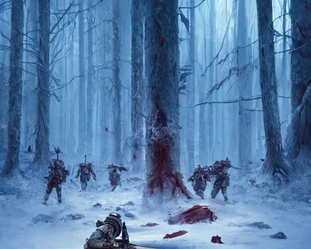 Prompt: jango fett is surrounded by 2 0 dead corpses bodies with blood on the ground in a snow forest, concept art highly detailed, great cinematic lighting, octane render, 8 k, depth of field, 3 d, art by greg rutkowski, trending on artstation, cinematographic shot
